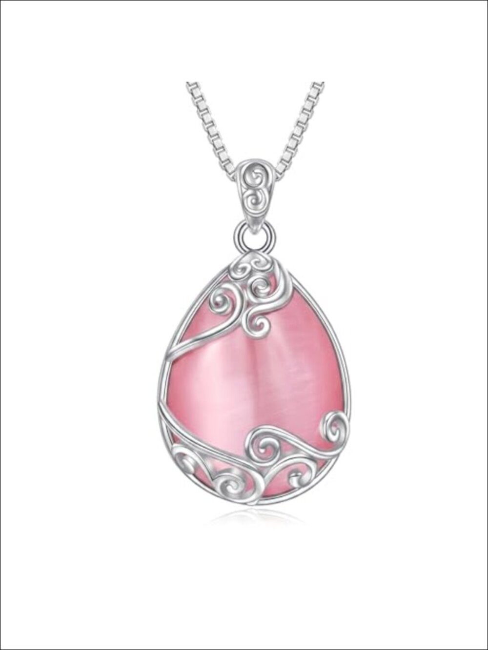 Moonstone Pendant Necklace Women Teardrop Filigree Birthstone 18k White Gold
